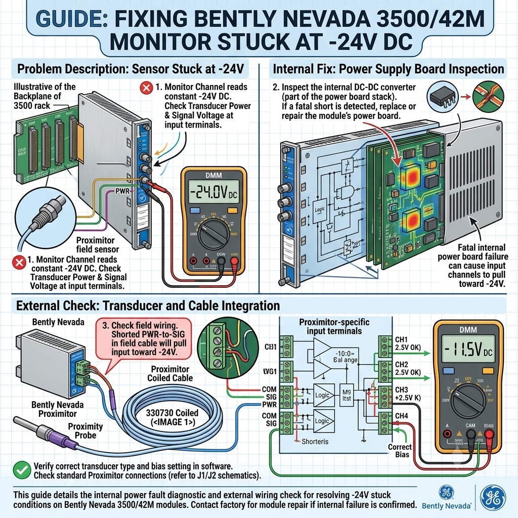 Fixing Bently Nevada 3500-42M Monitor Stuck at -24V DC_